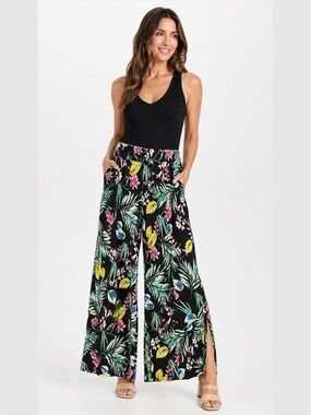 MELANIE LYNE Floral Tropical Print Pull On Flowy Wide Leg Pants Slit Hems Sz 14